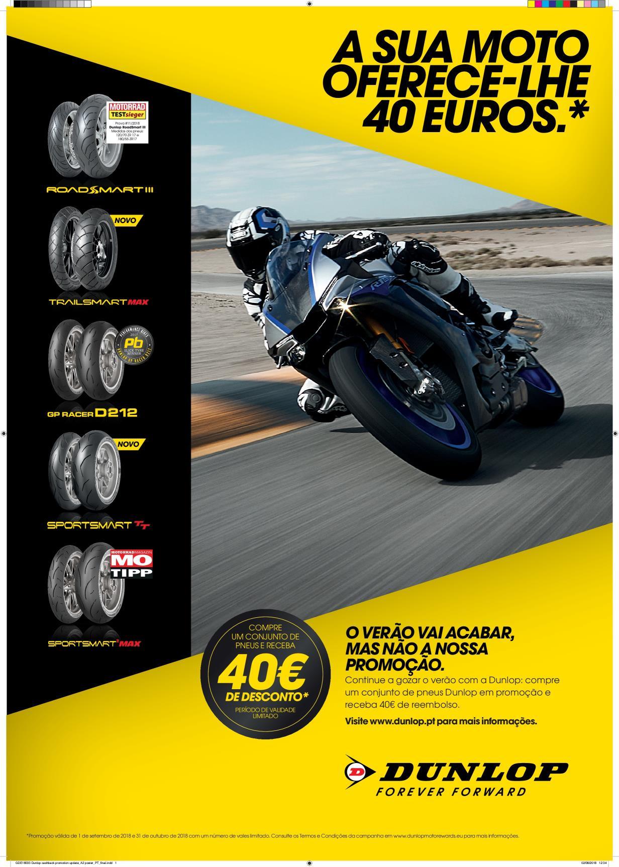 Dunlop oferece 40 euros de desconto em pneus de moto