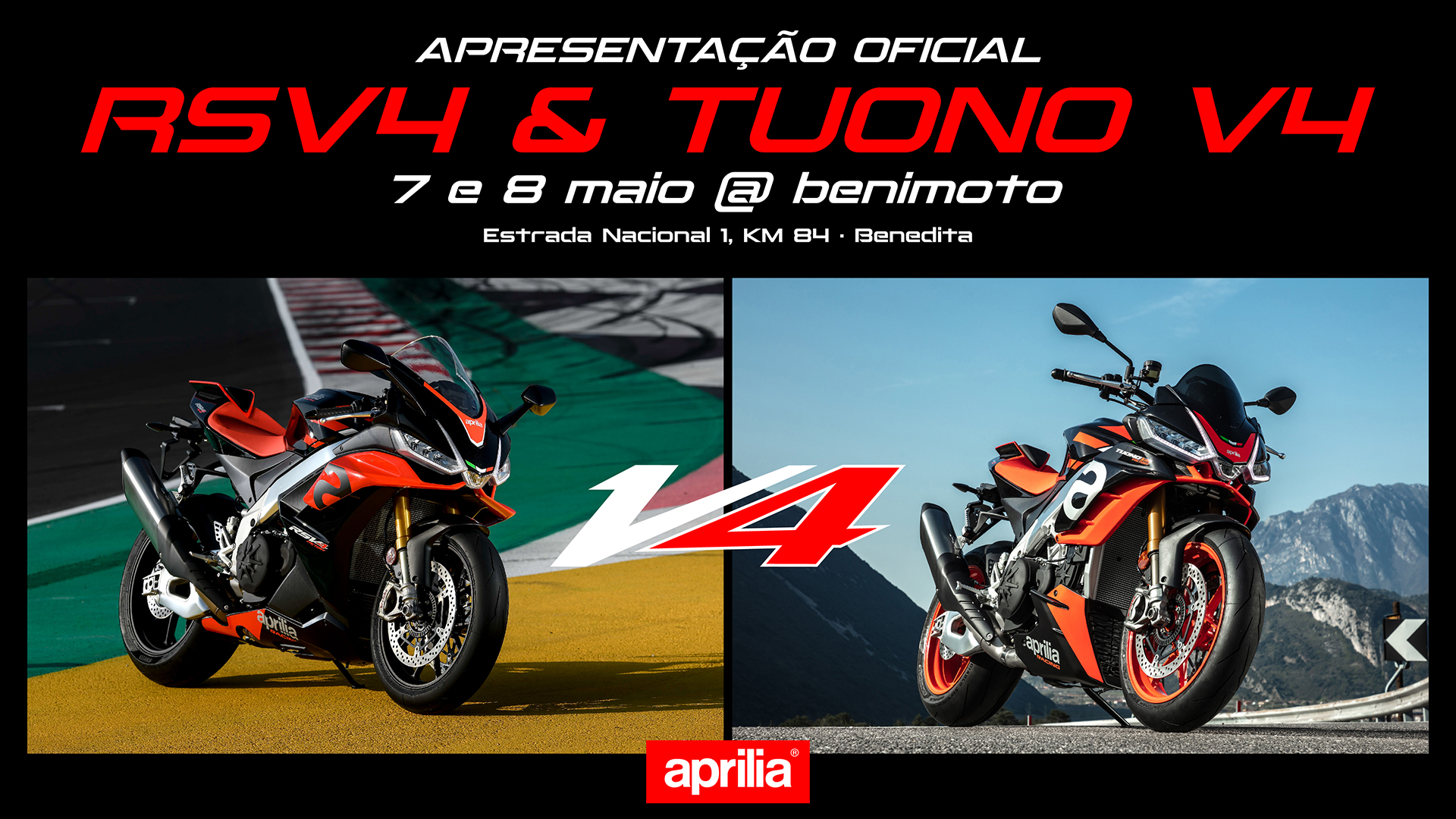 Aprilia RSV4 e Tuono V4 nos próximos dias 7 e 8 de Maio, na Benimoto